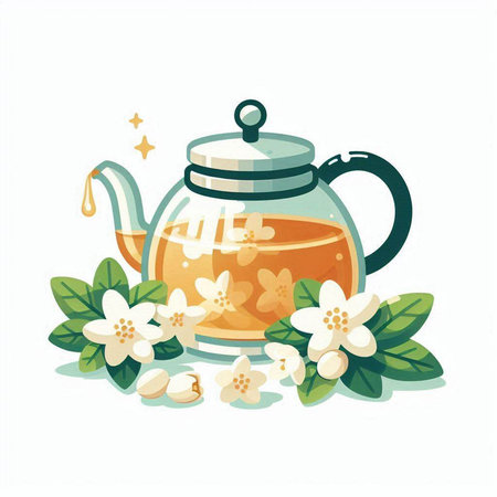 Cup of herbal tea with jasmine flowers. Vector illustration.のイラスト素材
