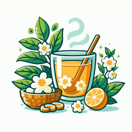 Illustration of a glass of herbal tea with lemon and honey.のイラスト素材