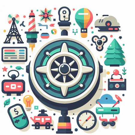 Steering wheel and navigation icons. Vector illustration in flat style.のイラスト素材
