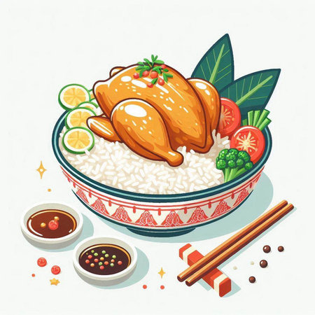 Bowl of rice with roasted chicken and vegetables. Vector illustration.のイラスト素材