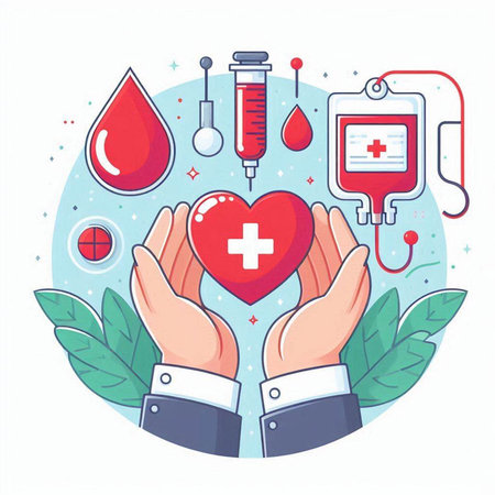 Blood donation concept with hands holding heart and blood drop. Vector illustrationのイラスト素材