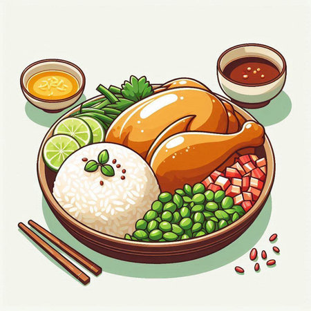 Illustration of grilled chicken with rice, soy sauce and chopsticksのイラスト素材