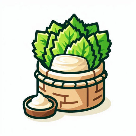 Cosmetic cream jar with green leaves. Hand drawn vector illustration.のイラスト素材