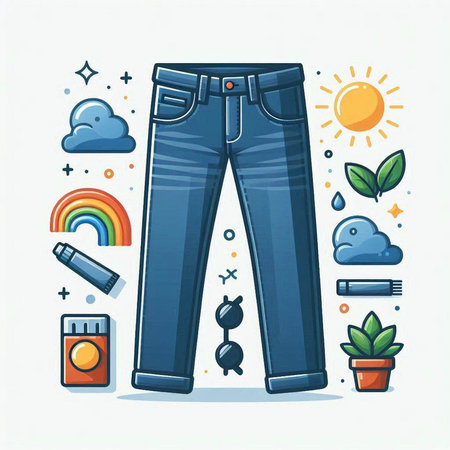 Vector illustration of blue jeans on white background with sun and clouds.のイラスト素材