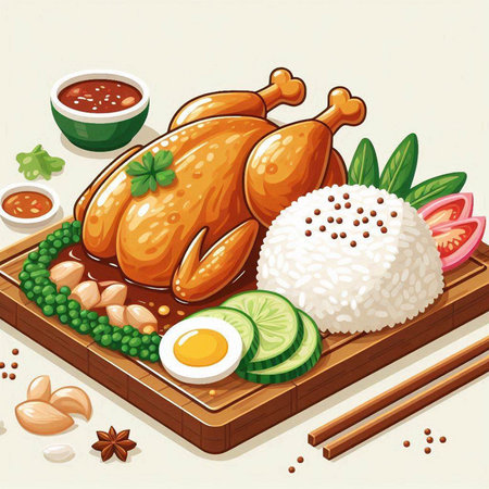 Roast chicken with rice and vegetables on a wooden board. Vector illustration.のイラスト素材
