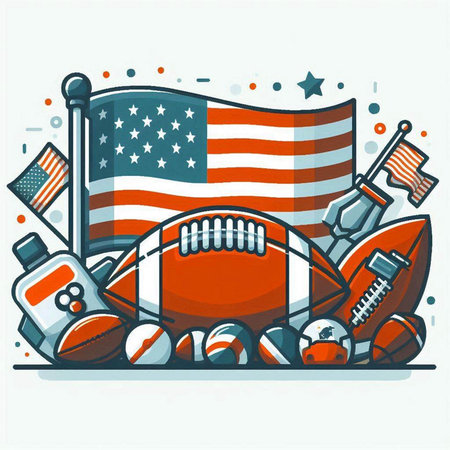 American football and rugby ball with american flag. Flat vector illustration.のイラスト素材