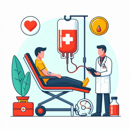 Blood donation concept in flat style. Doctor and patient. Vector illustrationのイラスト素材