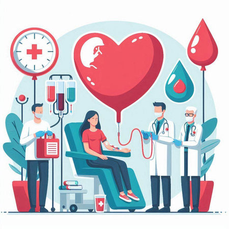 Blood donation concept. Flat vector illustration of blood donation in hospital.のイラスト素材