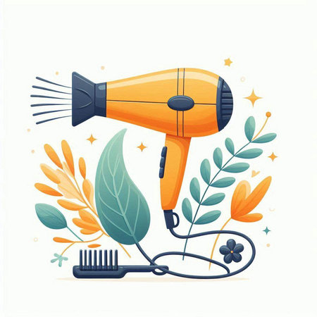 Hairdryer, hairbrush and leaves, vector illustration.のイラスト素材