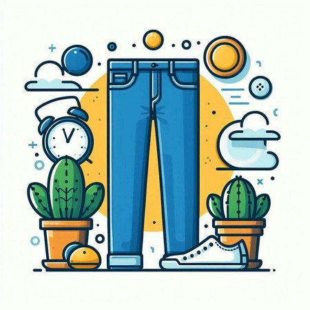 Trendy flat line design vector illustration of jeans and shoes with cactus and clock.のイラスト素材