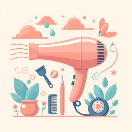 Hairdryer, hairbrush, shampoo, comb, brush, watering can. Vector illustration.のイラスト素材
