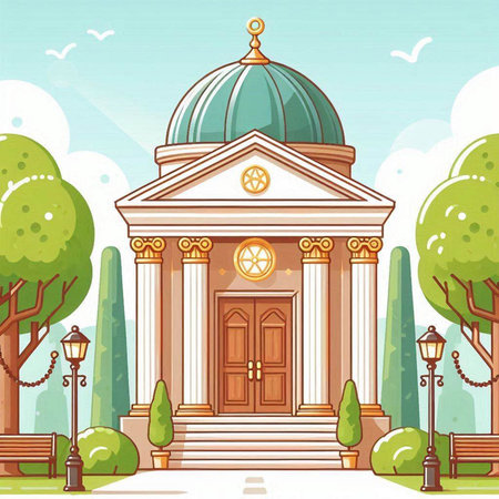 Illustration of the catholic church in the park. Vector illustrationのイラスト素材