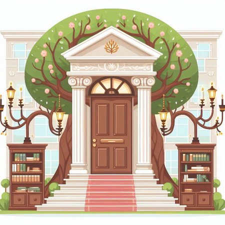 Vector illustration of the entrance to the library with a beautiful tree, books and lanternsのイラスト素材