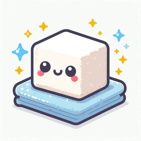 Cute marshmallow on a stack of towels. Vector illustration.のイラスト素材