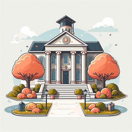 School building in the city park. Vector illustration in flat style.のイラスト素材
