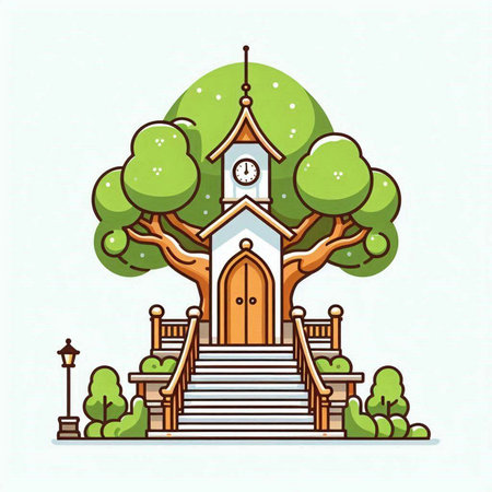 Church and tree in cartoon style. Vector illustration. Eps 10.のイラスト素材