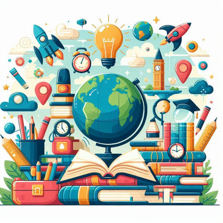 Back to school concept with globe, books, stationery and lamp. Vector illustrationのイラスト素材