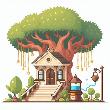 Cartoon vector illustration of fairy tale house with tree and lantern.のイラスト素材