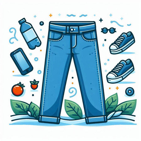 Vector illustration of a set of different jeans, sneakers, bottle of water and leaves.のイラスト素材