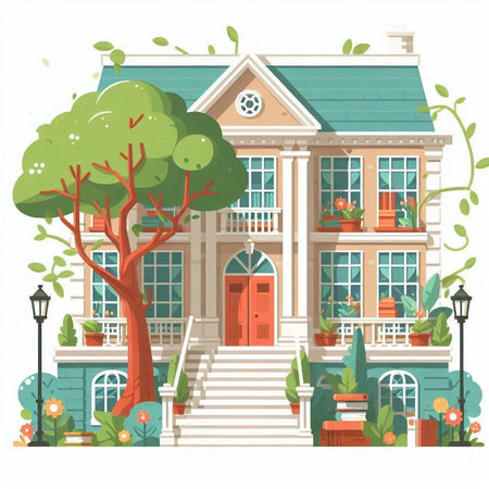 Vector illustration of a beautiful house in the garden. Cartoon style.のイラスト素材