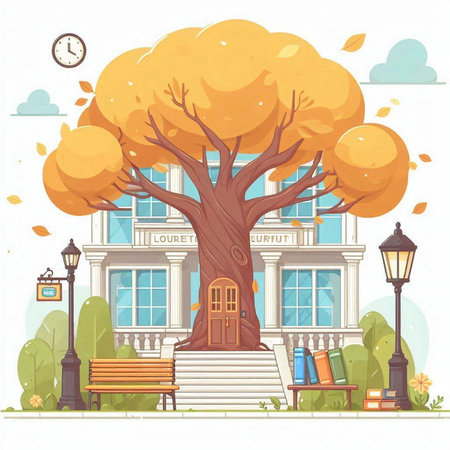 Autumn city landscape with old school building, trees and bench. Vector illustration.のイラスト素材