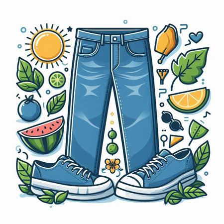 Hand drawn vector illustration of summer fashion. Jeans, sneakers, fruits, sun, leaves.のイラスト素材