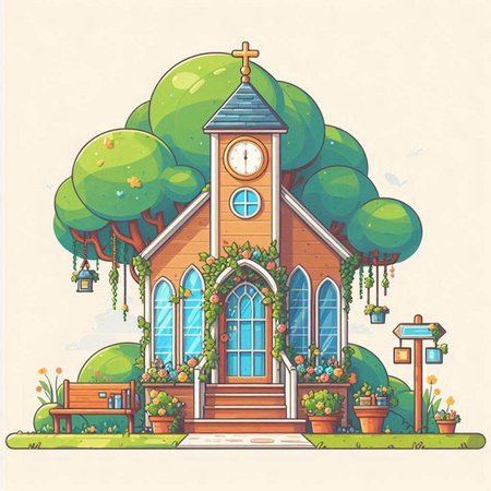 Vector illustration of a catholic church with a clock tower in the garden.のイラスト素材