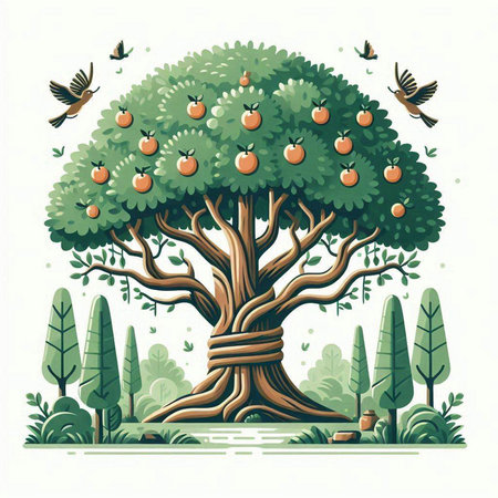 Fruit tree with apples and birds in the garden. Vector illustration.のイラスト素材
