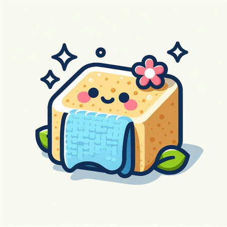 Cute sponge character with flowers and leaves. Vector flat cartoon illustrationのイラスト素材