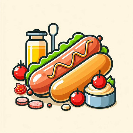 Hot dog with mustard, ketchup and mayonnaise. Vector illustration.のイラスト素材
