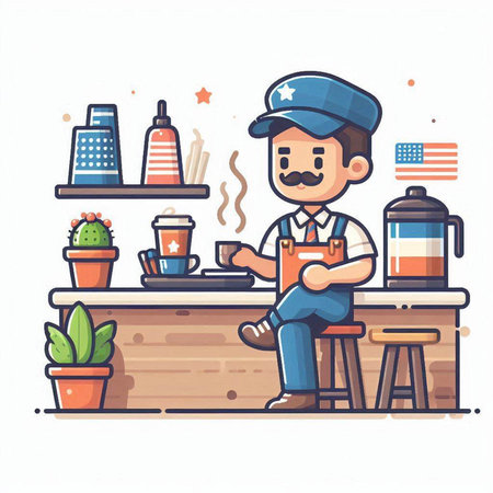 Coffee shop. Flat style vector illustration. Cartoon character.のイラスト素材