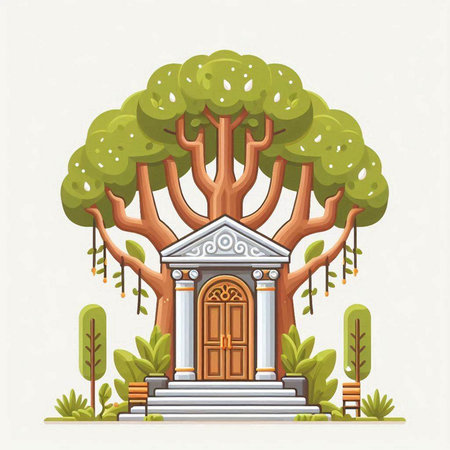 Ancient temple in the forest. Vector illustration in flat cartoon style.のイラスト素材