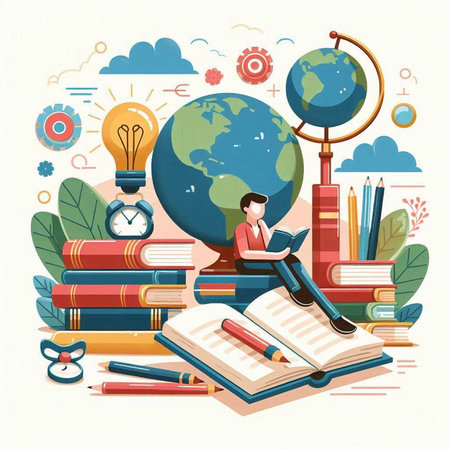 Back to school concept with globe, books, pencils, globe and glasses. Vector illustrationのイラスト素材
