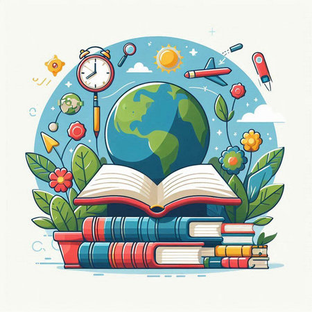Vector illustration of a book, globe, school supplies and plants.のイラスト素材