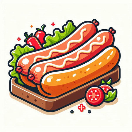 Hot dog with sausage and vegetables. Vector illustration of fast food.のイラスト素材