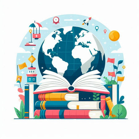 Vector illustration of books and globe on white background. Education concept.のイラスト素材
