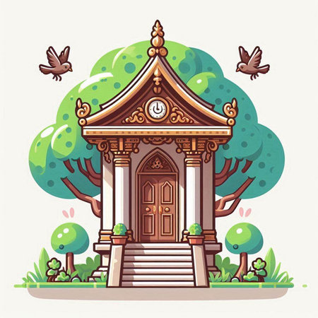 Vector illustration of an old wooden church in the park. Cartoon style.のイラスト素材
