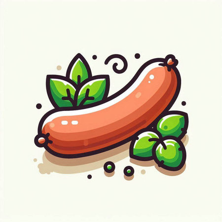 Sausage icon. Vector illustration of sausage with green leaves.のイラスト素材