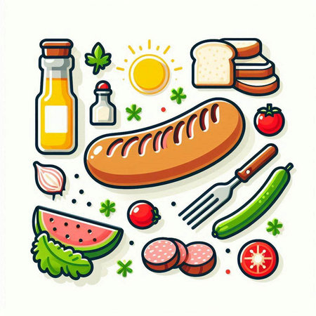 Vector illustration of sausage, bread, tomato, garlic, ketchup, watermelon, olive oil, parsley, pepper, mustard.のイラスト素材