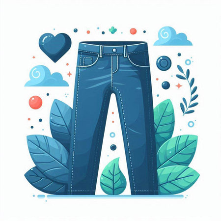 Blue jeans on the background of leaves and hearts. Vector illustration.のイラスト素材