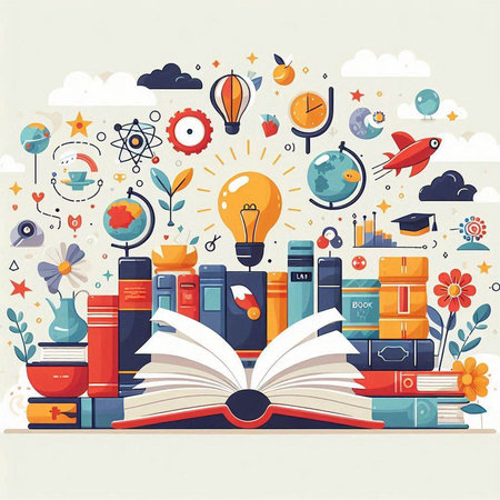 Vector illustration of an open book surrounded by books and education icons.のイラスト素材