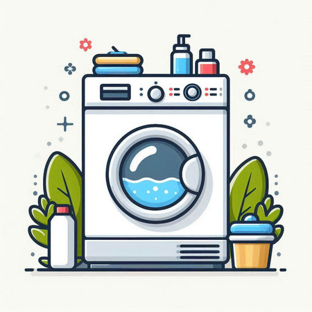 Laundry flat line icon. Washing machine, washing powder, detergent, soap, shampoo, bleach. Vector illustrationのイラスト素材