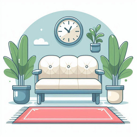 Living room with sofa and plants. Flat design. Vector illustration.のイラスト素材