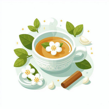 Cup of tea with jasmine and cinnamon. Vector illustrationのイラスト素材