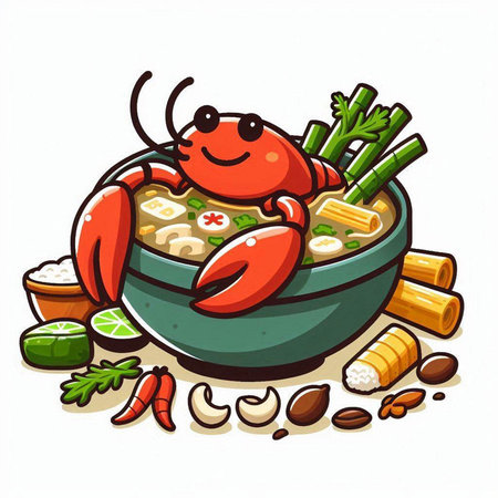 Illustration of a crab in a bowl with noodles and vegetables.のイラスト素材