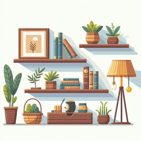 Bookshelf with books and potted plants. Vector illustration.のイラスト素材