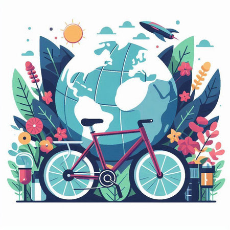 Bicycle travel around the world. Vector illustration in flat style.のイラスト素材