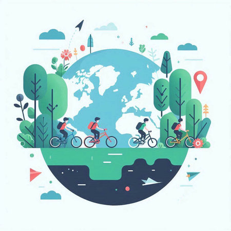 Vector illustration of people cycling in the park. Flat style design.のイラスト素材