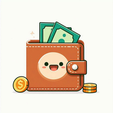 Illustration of a cute wallet with money and coins on a white backgroundのイラスト素材