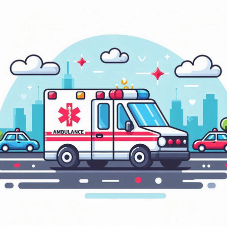 Ambulance on the road. Vector illustration in flat style.のイラスト素材